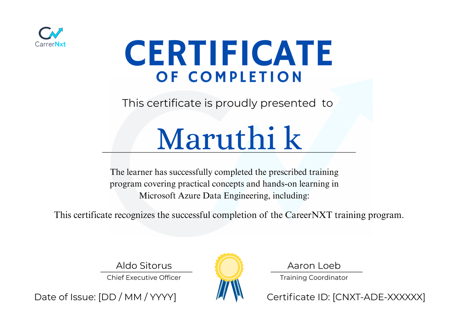 CareerNXT Azure Data Engineering Course Certificate